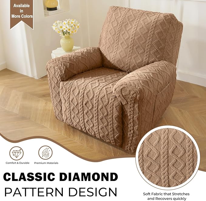 vctops 4 Pieces Geometric Jacquard Plush Recliner Slipcovers Soft Fuzzy Fluffy Sofa Couch Cover Anti-Slip Furniture Protector with Elastic Bottom for Kids Cats Dogs(Brown,1 Seat)
