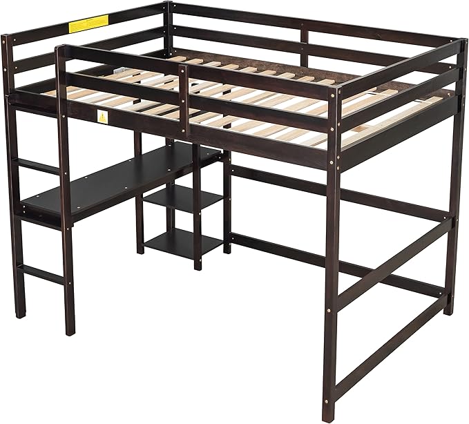 HomSof Full Loft Bed with Desk and Shelves,Espresso
