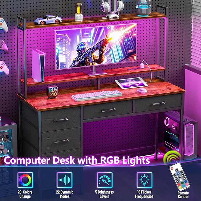 Computer Gaming Desk with Hutch, Home Office Desk with Power Outlets, LED Light, 5 Storage Drawers, 2 Tiers Shelves for Display, 47 Inch Modern Study Writing Table for Bedroom, Rustic Brown