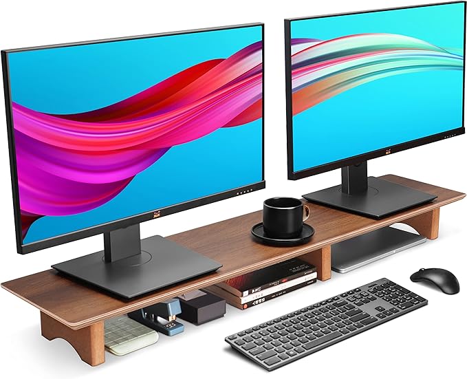 Aothia Large Dual Monitor Stand Riser, Solid Wood Desk Shelf with Eco Cork Legs for Laptop Computer/TV/PC/Printers, Perfect Desktop Stands Organizer with Underneath Storage for Office Accessories