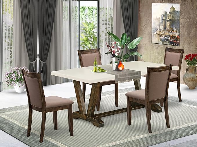 East West Furniture V727MZ748-5 5 Piece Dining Room Furniture Set Includes a Rectangle Dining Table with V-Legs and 4 Coffee Linen Fabric Upholstered Chairs, 40x72 Inch, Multi-Color