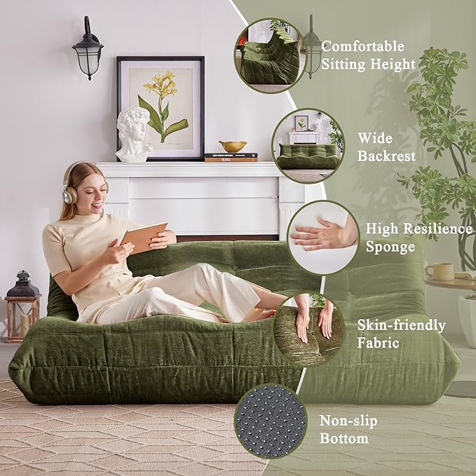 Bean Bag Chair, 3 Seater Fireside Chair Large Bean Bag Sofa for Adults, Memory Foam Chair Gaming Chairs with Comfy Design & Soft Fabric, Lazy Floor Sofa for Living Room, Bedroom, Olive Green