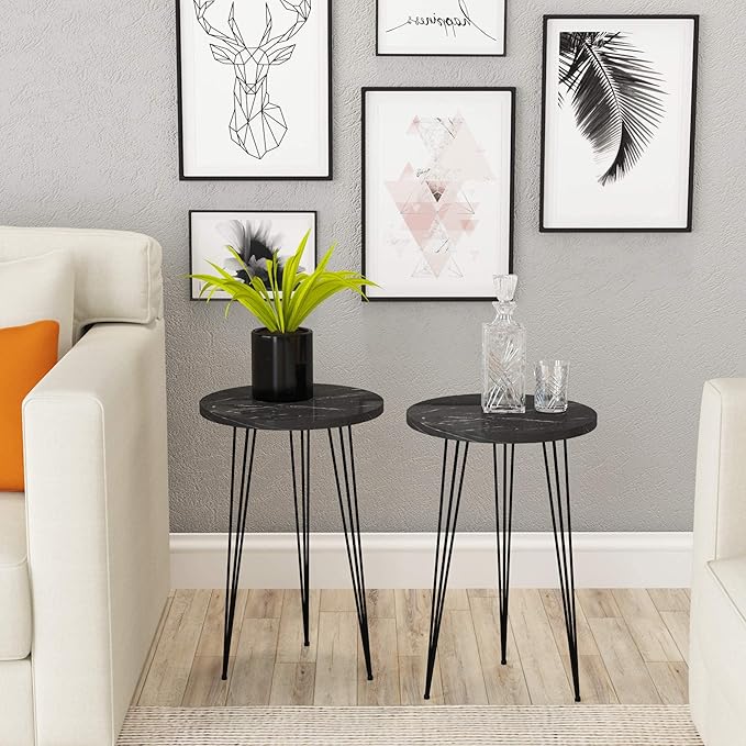 PAK HOME Set of 2 Black Marble End Tables Round Wood Sofa Side Coffee Tables for Small Spaces, Nightstand Bedside Table with Metal Legs for Bedroom, Living Room, Office, Balcony