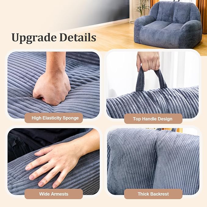 Giant Bean Bag Chair, Faux Fur Bean Bag Chairs for Adults, Fluffy and Comfy Bean Bag with Filler, Big Bean Bag Sofa Chair for Reading, Gaming, Stuffed High-Density Foam (Grey)