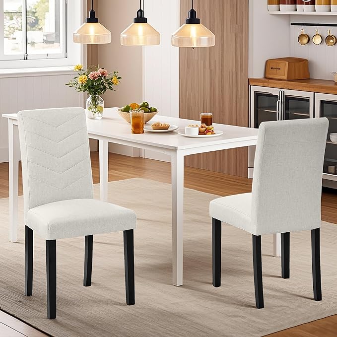 VECELO Upholstered Dining Chairs Set of 2, Fabric Wood Legs High Back for Kitchen Living Room, Beige