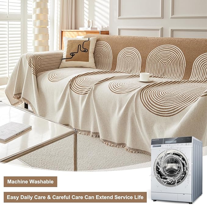 STACYPIK Modern Beige Geometric Couch Cover for Dog Boho Reversible Sofa Covers for 3 Cushion Couch Washable Furniture Protector Chenille Sofa Slipcover Loveseat Cover Multi-Use Throw Blanket-71X134IN