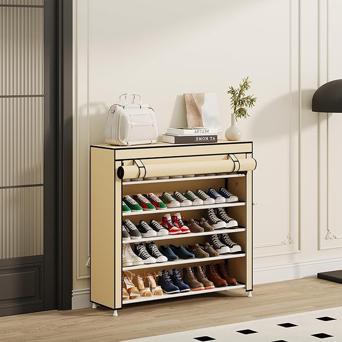 Calmootey 5 Tier Shoe Rack Organizer to Hold 25 Pairs, Portable Shoe Shelf with Nonwoven Fabric Cover for Closet Hallway, Bedroom, Entryway, Beige