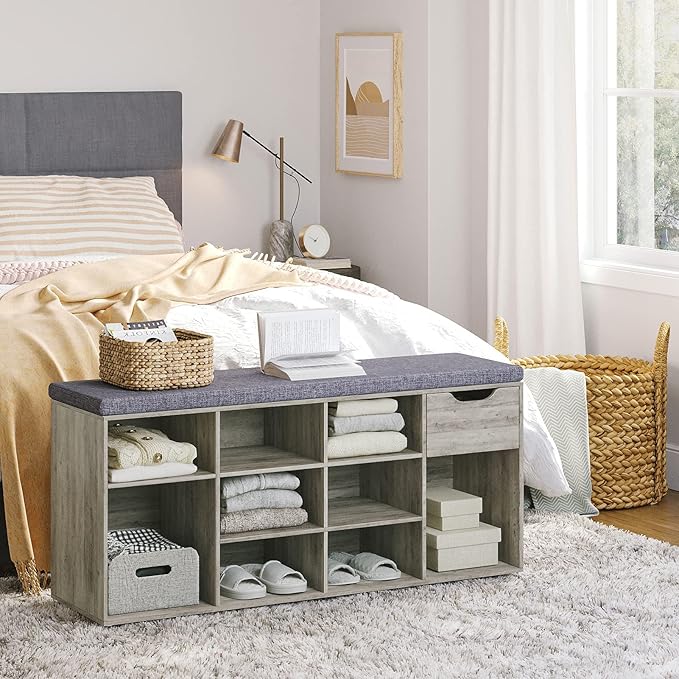 DINZI LVJ Shoe Bench, Entryway Storage Bench with Drawer and 11 Cubbies, Cubby Shoe Rack with Adjustable Shelves, Organizer Cabinet for Living Room, Mudroom, Closet and Garage, Gray Wash