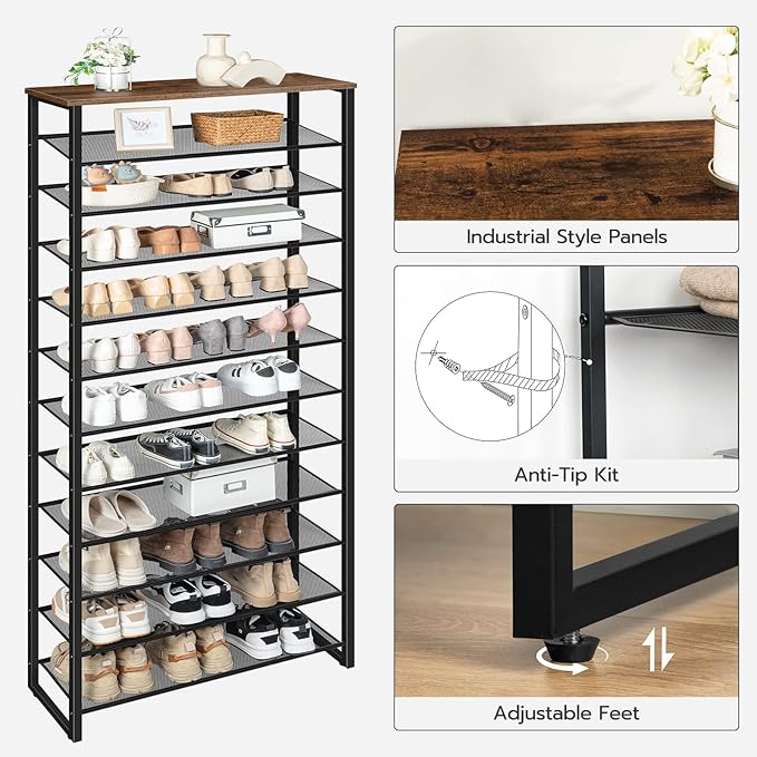 HOOBRO 12-Tier Shoe Rack, 29.5" L Shoe Storage Organizer, Large Capacity Shoe Shelf for Front Door Entrance, Entryway, Closet, Holds 36-48 Pairs of Shoes, Closet, Rustic Brown and Black BF127XJ01