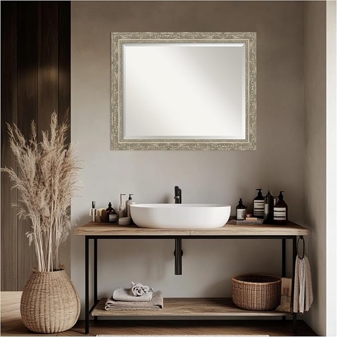 Amanti Art Bathroom Mirror for Over Sink, 27x33 Filigree Silver Rectangle Vanity Mirror, Large Traditional Frame, Hangs Horizonally and Vertically, Bathroom Wall Decor, Beveled Edge
