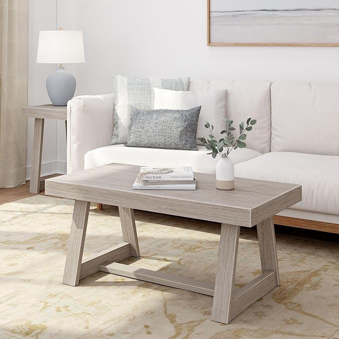 Plank+Beam Classic Rectangular Coffee Table, 40 Inch Farmhouse Coffee Table, Mini Center Tables for Small Spaces, Small Living Space Tea Table, Seashell Wirebrush