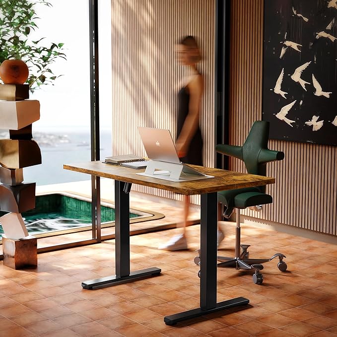 HUANUO Electric Standing Desk, 55 x 24 Inch Height Adjustable Computer Desk with Storage Bag, 4 Height Memory Settings, Sit Stand Up Desk for Home Office, Rustic Brown