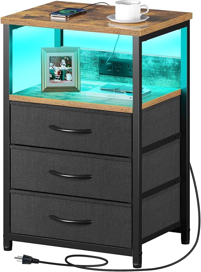 Seventable Nightstand with Charging Station and LED Light, Set of 2 Side Table with 3 Fabric Drawers, Bedside End Table with USB Ports and Outlets, Night Stand for Bedroom, Rustic Brown