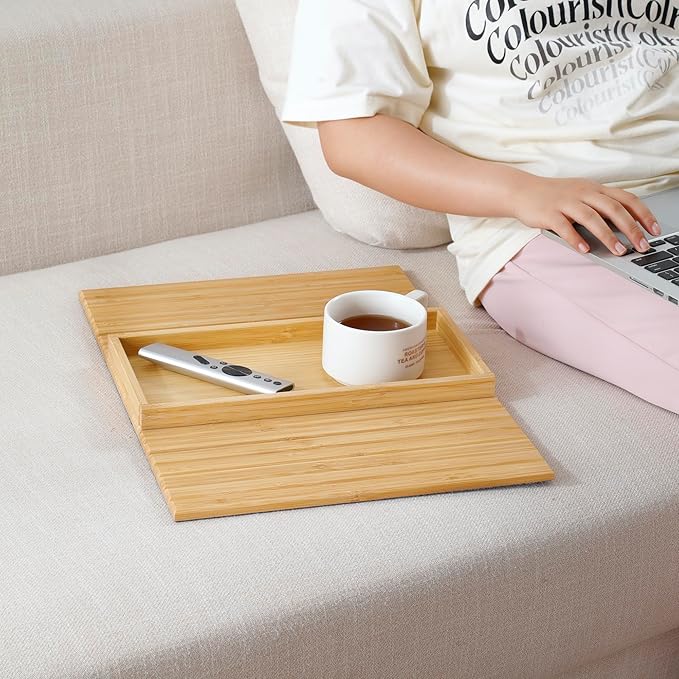 DETOR Couch Arm Tray, Foldable Sofa TV Tray with Capacious 12.4" x 5.4" Storage Box, Natural Bamboo Finish, Enhanced Nonslip Felt Bottom, Sturdy Bamboo Slats Material | for Armrests 6" and Wider