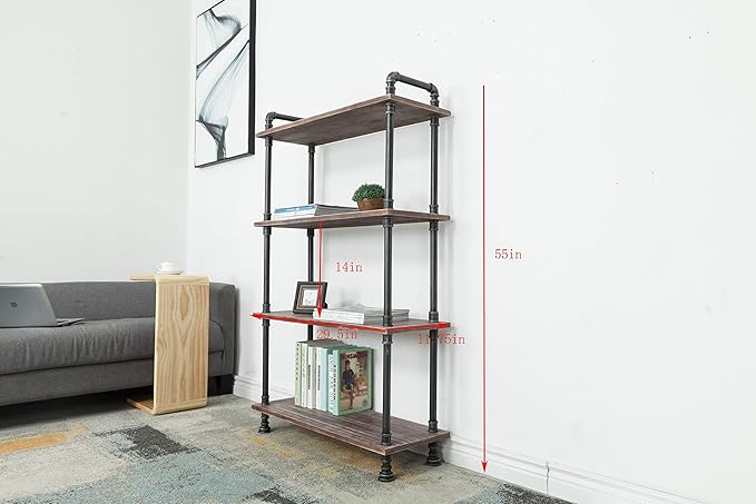 Industrial Bookcase, Solid Pine Open Wood Shelves, Rustic Modern Industrial Pipe and Solid Wood Style Bookshelf (4-Layers)