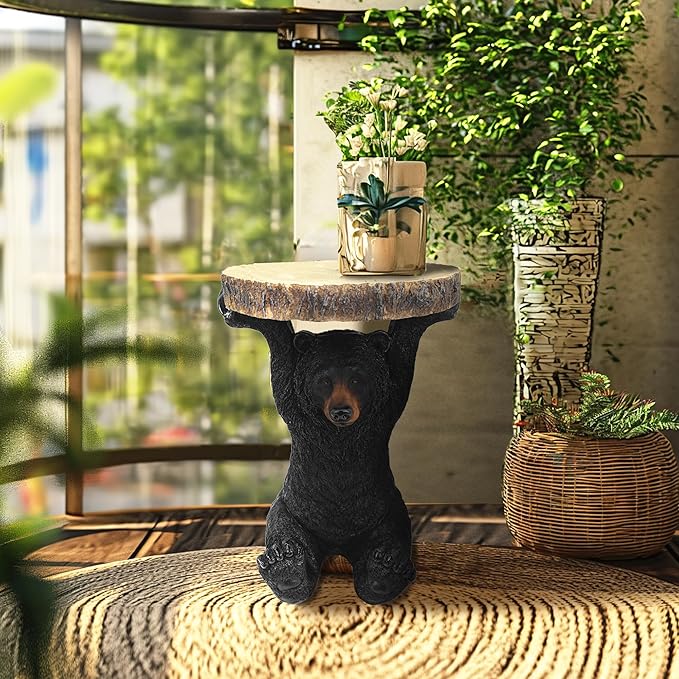 American Black Bear Side Table Pedestal End Table Stool Resin Bear Statue Hand Painted Sculpture Home Office Living Room Decor