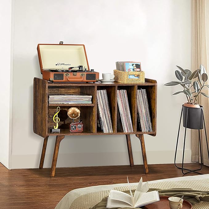 Lerliuo Record Player Stand with 4 Cabinet Holds Up to 220 Albums, Large Turntable Stand with Beech Wood Legs, Mid-Century Record Player Table,Retro Brown Vinyl Holder Storage for Bedroom Living Room