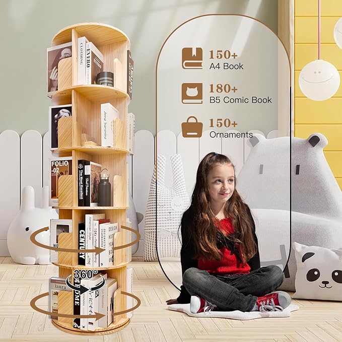 Rotating Bookshelf,360 Display Round 5 Tier Floor Standing Bookcase Storage Rack,Wood Spinning Bookshelf Tower for Bedroom,Living Room