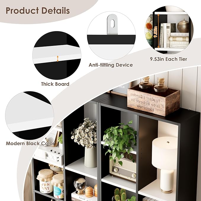 FOTOSOK 71'' Tall Bookshelf, Double Wide Media Tower Rack CD DVD Rack Display Cabinet with Adjustable Shelves, Tall Narrow Bookcase Bookshelf for Home Office, White/Black
