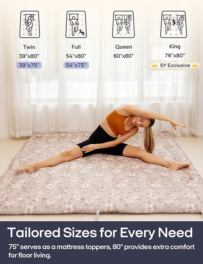 Syrinx Japanese Floor Futon Mattress, Foldable Tatami Sleeping Pad for Adults & Kids, Roll-Up Floor Bed or Bench Cushion