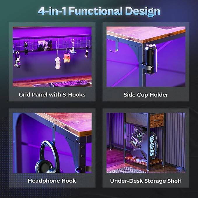 PRAISUN L Shaped Gaming Desk with Shelves, Corner Computer Table with LED Lights, Power Outlets and USB-C Ports, 50 Inch Reversible Home Office Desk with Storage Drawer, Work and Study, Rustic Brown