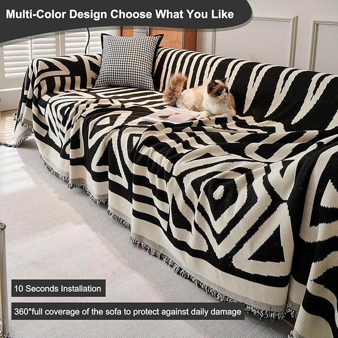 STACYPIK Boho Jacquard Sofa Cover for Dogs, Non Slip Black Geometric Triangle Couch Cover for 1 Seater, Armchair Slipcovers, Reversible Loveseat Cover, Multi-use Furniture Protector for Pets-71X71IN