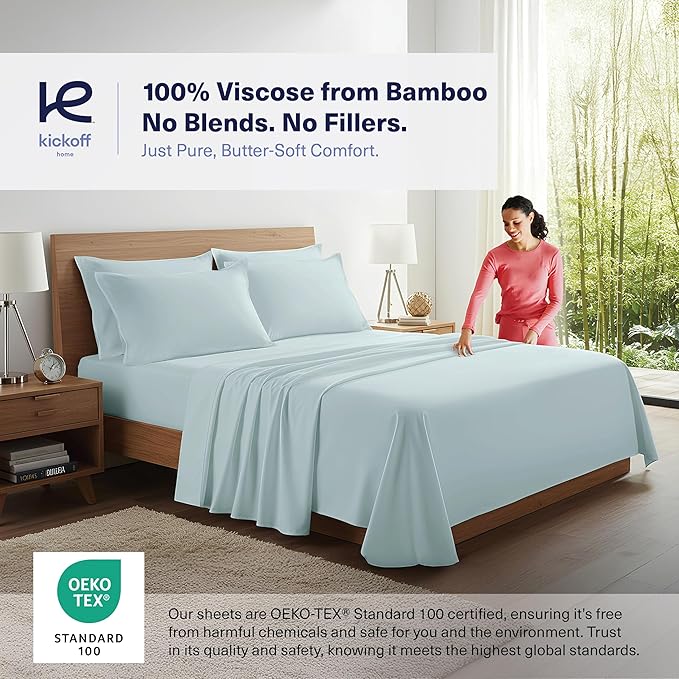 Kickoff Viscose Bamboo Sheets Twin Size 3-pc 100% Organic Bamboo Viscose Bed Cooling Sheets Twin Size Set Cool Bedding for hot Sleepers Sheet, Flat, Fitted, Pillowcase (Coastal Blue, T)