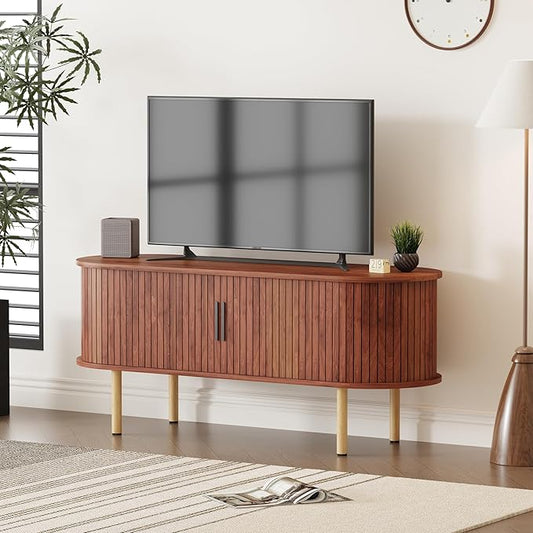 GarveeHome 47.2" TV Stand, Modern TV Console Table with Storage Compartment and Sliding Door, Gaming Entertainment Center with Cabinet for Living Room, Bedroom, Office, Walnut