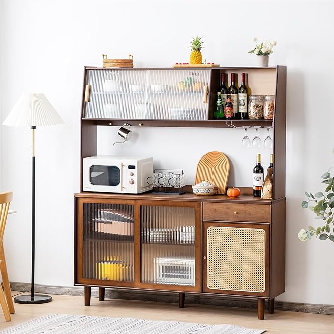 Tiita Kitchen Hutch with Countertop, 69” Rattan Solid Wood Pantry Cabinet with Hutch, Boho Bamboo Sideboard Buffet Cabinet, Boho Entryway Table for Living Room, Home Bar, Hallway, Walnut