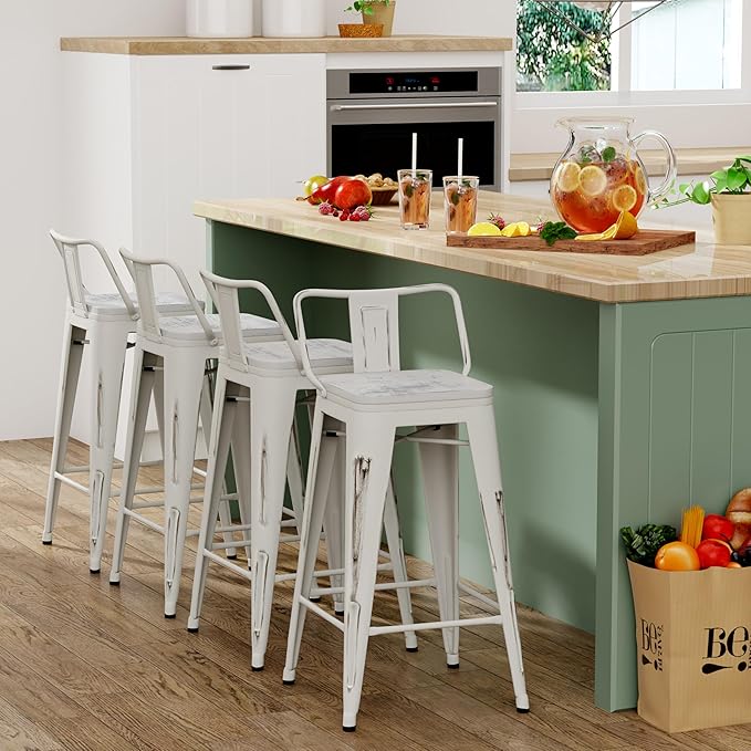 Yongchuang Industrial Metal Barstools Set of 4 Counter Height Bar Stools with Back (24" Seat Height Wooden Top Low Back, Distressed White)