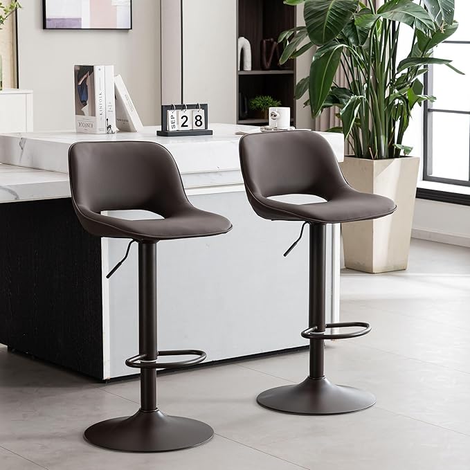 YOUNIKE Bar Stools Set of 2 Modern Swivel Barstools, Adjustable Counter Height Bar Stools Faux Leather Upholstered Counter Stools with Hollow Back for Kitchen Island, Brown