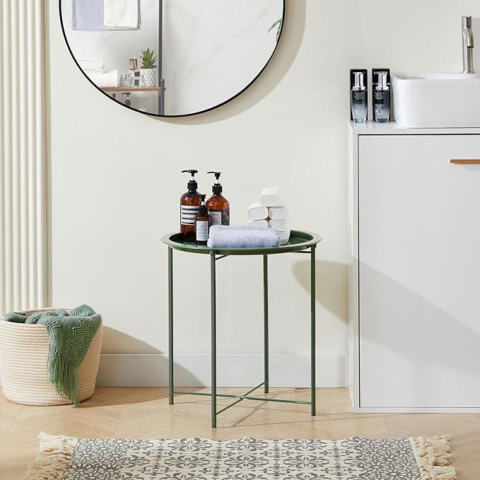VECELO Side/End Table, Folding Round Metal Anti-Rust and Waterproof Outdoor or Indoor Tray for Living Room Bedroom Balcony and Office, 2 PCS, Dark Green