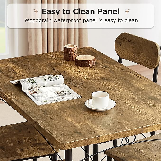 VECELO Kitchen Table Chairs Set for 4, 5 Piece Wood Dining Room Table with 4 Chairs, Perfect for Small Spaces, Compact Kitchen, Breakfast Nook, Brown