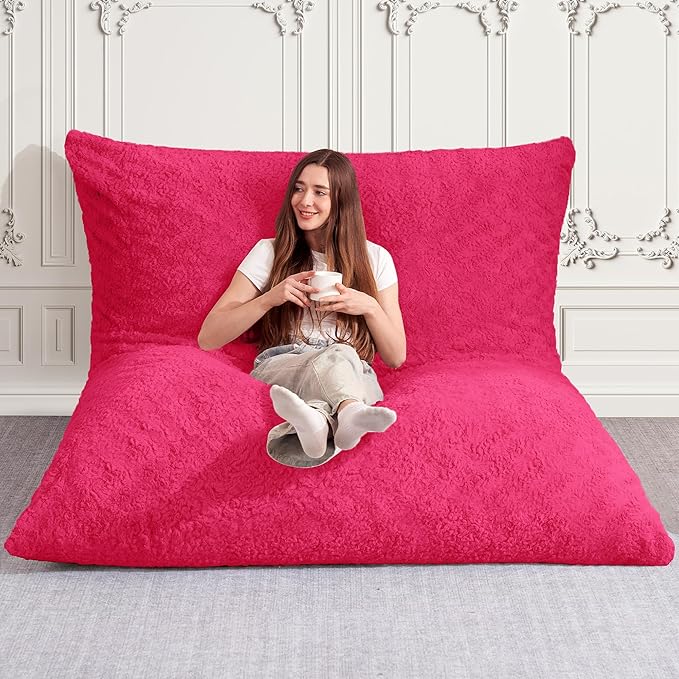 HABUTWAY 4 in 1 Bean Bag Chair, Giant Memory Foam Filling Bean Bag Sofa, Adult Bean Bag Chair, Machine Washable Faux Fur Cover, Bean Bag for Adult (Rose Red)