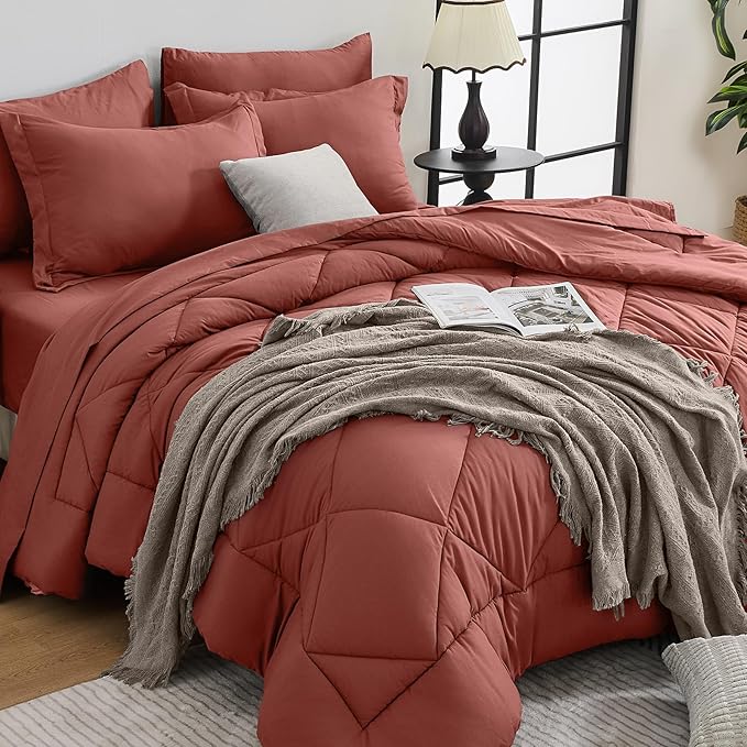 HEVUMYI Terracotta Queen Comforter Set - 7-Piece All Season Bed in a Bag Queen, Ultra Soft Bedding Set with Comforter, Flat Sheet, Fitted Sheet, Pillowcases, Pillow Shams