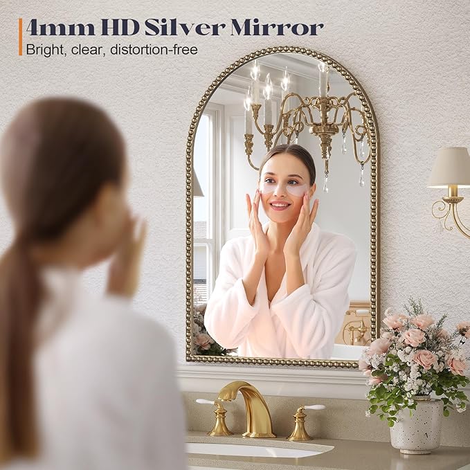Beaded Arched Mirror for Wall, 24"x38" Gold Arch Bathroom Vanity Mirror, Retro Brass Metal Frame Decorative Mirror for Bedroom Dressing Room Entryway Fireplace