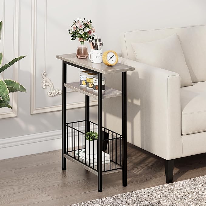 Vagusicc Narrow Side Table, Skinny Side Table for Couch, 3-Tier Small End Table for Small Spaces, Bed Side Tables with Storage, 25.2" Tall Slim Nightstand Bedside table for Living Room Bedroom, Greige