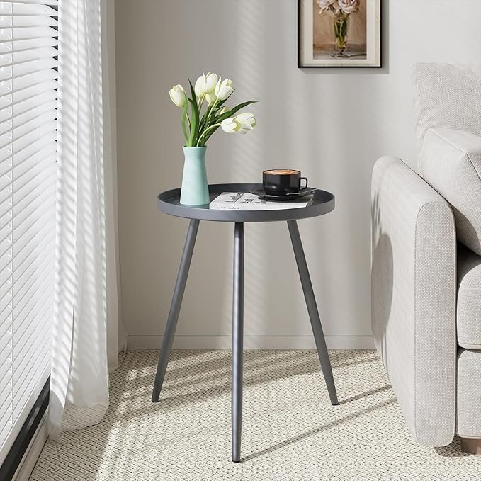 Apicizon 16" Round Side Table Set of 2, Metal End Table for Living Room, Bedroom, Bedside, Mid Century Modern Coffee Table or Circle Accent Table for Small Spaces, Grey