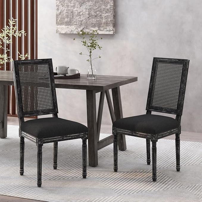 Merax Upholstered Solid Wood Dining Chairs Set of 2, French Country Style Accent Side Seating Furniture for Kitchen, Living Room, Wicker Back, Black
