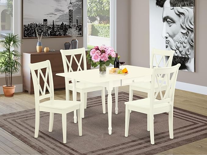 East West Furniture MZCL5-LWH-W 5 Piece Dinette Set for 4 Includes a Rectangle Dining Room Table with Dropleaf and 4 Dining Chairs, 36x54 Inch, Linen White