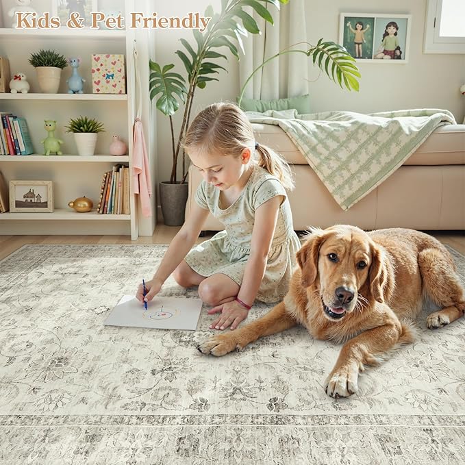 LIVEBOX Washable Area Rug 6x9 Rugs for Living Room Dining Room Under Table, Non-Slip Boho Indoor Carpet for Bedroom, Low-Pile Farmhouse Soft Carpets for Nursery Room Playroom, Taupe