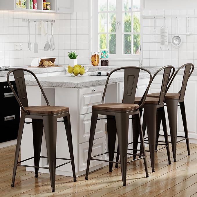 Yongqiang 24 inch Bar Stools Set of 4 Kitchen Counter Height Bar Chairs High Back Metal Barstools with Large Wooden Seat Industrial Rusty