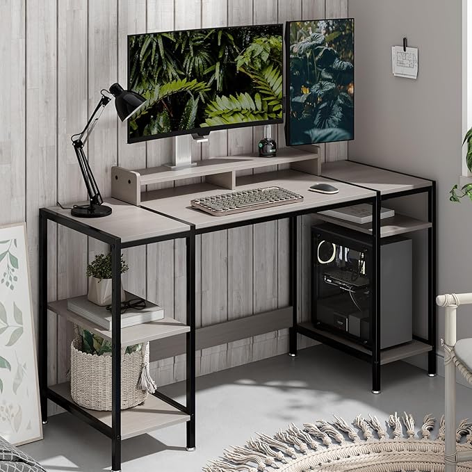 Computer Gaming Desk with Monitor Stand, Home Office Desk Suitable for 2 Monitors, Writing Desk with Adjustable Storage Space,Sturdy and Durable Modern Small Desk (Grey, 55 inchs)