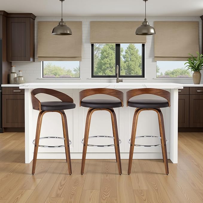 Armen Living Sonia 26" Counter Height Swivel Brown Faux Leather and Walnut Wood Bar Stool - Set of 3