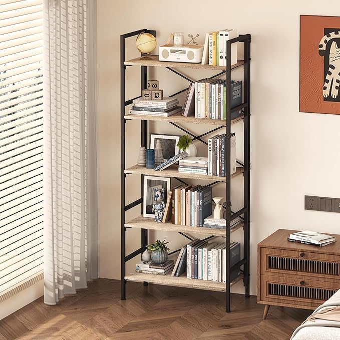 Folding Bookshelf,5 Tier Bookcase Foldable Shelf with X-Bracket Design, Adjustable Feet, Space Saving Storage for Living Room, Office