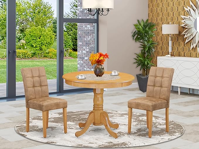 East West Furniture ANAS3-OAK-28 3 Piece Modern Dining Set consists A Dining Room Table and 2 Brown Textured Polyester Fabric Upholstered Dining Chairs, Oak