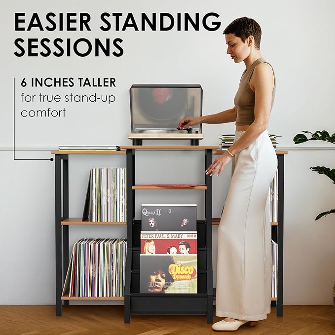 REVOLV Tall Record Player Stand with Vinyl Storage - Vinyl Record Stand with 3 Tier Shelf, Front Pouches - Versatile Music Table Cabinet for Books, Rustic Console Turntable Furniture for 300+ Records