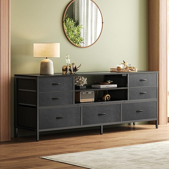 Huuger Dresser for Bedroom With Power Outlets and LED Lights, 7 Drawers TV Stand for 60 Inch TV, Console With Open Shelf, 55 Inches Wide Black, PU Leather