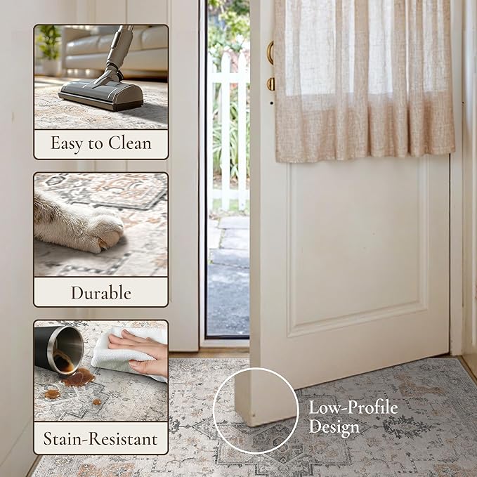GENIMO 29"x17" Area Rugs for Living Room, Machine Washable Non Slip Vintage Rugs, Low Pile Soft Chenille Print Rug for Bedroom, Dining Room, Home Office, Light Taupe Brown