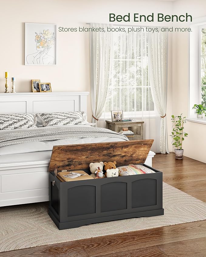 39.4" Storage Chest Bench with Lift Lid, Toy Chest with Safety Hinge, Entryway Shoe Bench, Wooden Storage Trunk, Holds up to 220 lb, for Living Room, Bedroom, Black and Rustic Brown MCW12BF